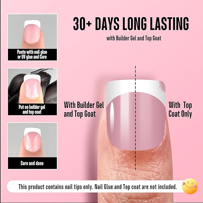 NOVO OVO Extra Short White French Tip Nail Tips, XS XXS Square Round BERRY PINK, for Wide & Short Nail Beds, Thick Full Cover Press on for Women Men, Soft Gel Acrylic Extension kit, 16 Sizes x 224pcs