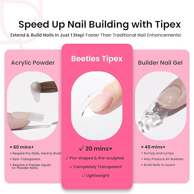 Beetles Tipex Instant Apex Nail Tips Kit, Medium Oval Almond 224Pcs 16 Sizes Pre-Building & Pre-Etched Thicker Acrylic Nails False Nail Extension with Tipex Nail Glue Mini Nail Lamp