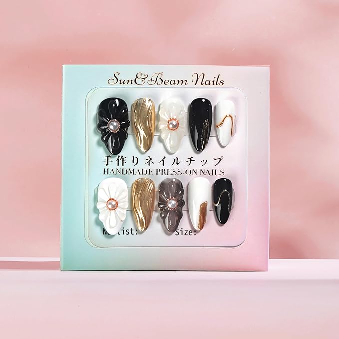 Sun&Beam Nails Handmade Press-on Medium Long Almond Black White Gold 3D Mirror Pearl Design False Nail Tips 10 Pcs (#130 S)