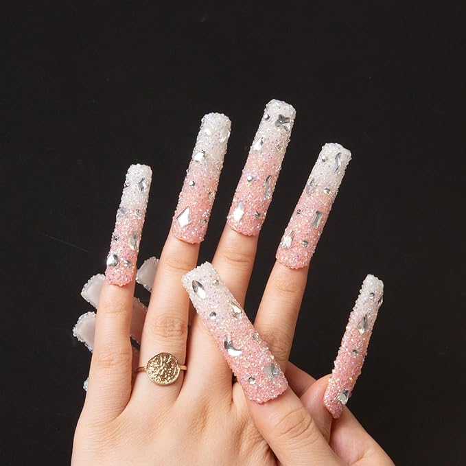 LOVFUL Press on Nails Berry Shake | Handmade with Full Covered Crystals | Reusable Fake Nails | Square | H56-S, pink
