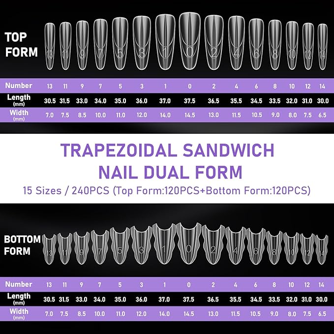 TOROKOM Sandwich Nails Dual Forms - 240Pcs Dual Forms for Builder Gel & Poly Gel 15 Sizes Almond Round Nail Mold for Quick Nails Extension, No Paper Forms Needed, Salon Nail Art Tools