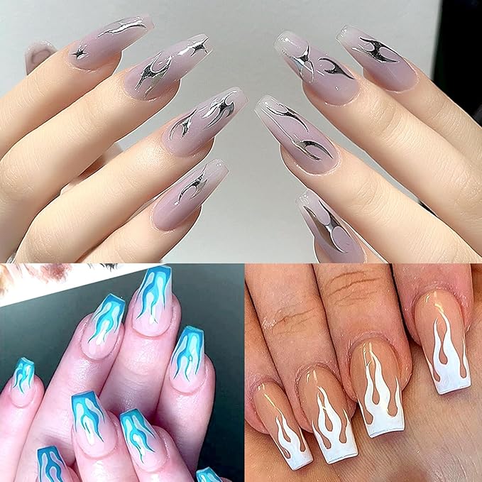 Irregular Geometric Line Nail Art Sticker Flame Pattern Nail Decals Holographic Gold Silver Black White Red Blue Nail Art Sticker Decals 3D Self-Adhesive Nail Sticker Design for Women DIY Manicure