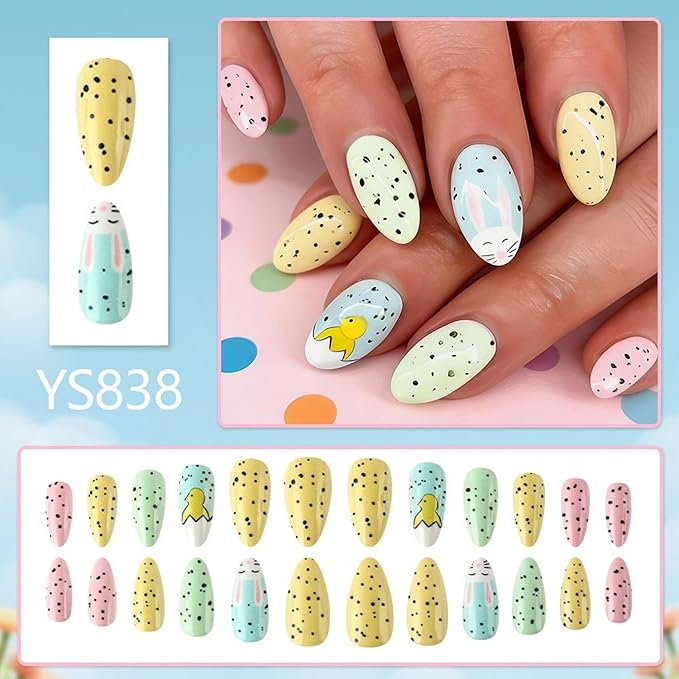 Easter Press on Nails Short Almond Petite Easter Bunny Fake Nail Pink Full Cover Bunny False Nails with Chick Designs Glossy Cute Acrylic Nails Manicure Artificial Nail for Women Manicure Decor 24 Pcs