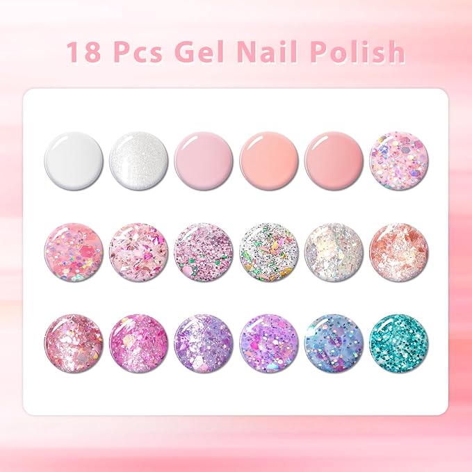 MEET ACROSS Gel Nail Polish Set White Pink Rubber Base Gel Polish + Glitter Gel Nail Polish Pink Purple Sparkly Sequins Nail Polish Manicure Kit 18 Colors
