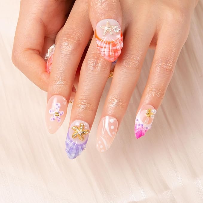 LOVFUL Press on Nails Coastal Sparkle | Handmade with Full Covered Crystals | Reusable Fake Nails | Almond Regular 1.0 in | H320-M