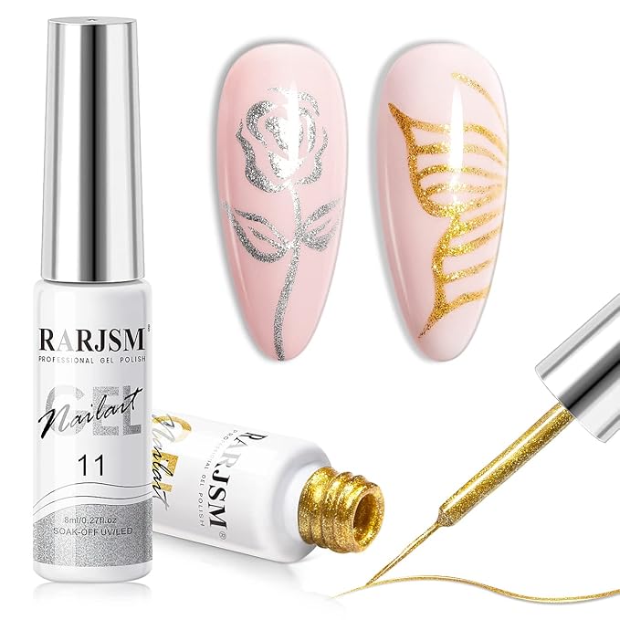 RARJSM Gel Liner Nail Art Silver Gold Glitter Nail Design Polish Painted Gel Nail Polish Set 2Pcs Soak off Curing Requires 8ml Build in Thin Brush for Home Salon Diy Nail Decoration Dotting Painting