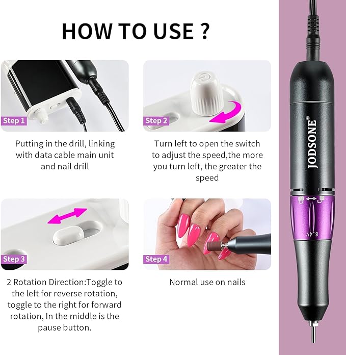 JODSONE Professional Nail Drill 45000 RPM Rechargeable Nail File for Nail Gel Removal Low Noise Portable for Home and Salon