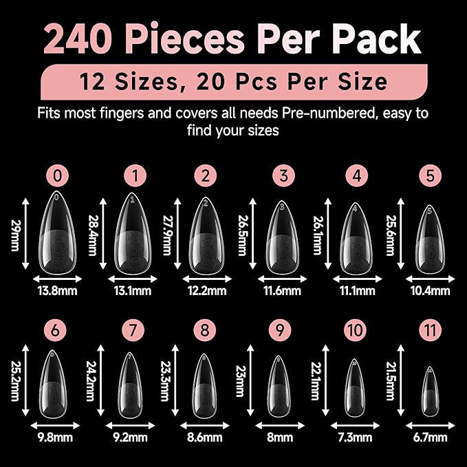 Medium Stiletto Nail Tips: 240 Pcs Full Cover Almond Shape False Nail Acrylic Soft Gel Nails Tips Clear Stiletto Press on Tips Pre-buffed for Nail Art Extension Salon Home DIY 12 Sizes