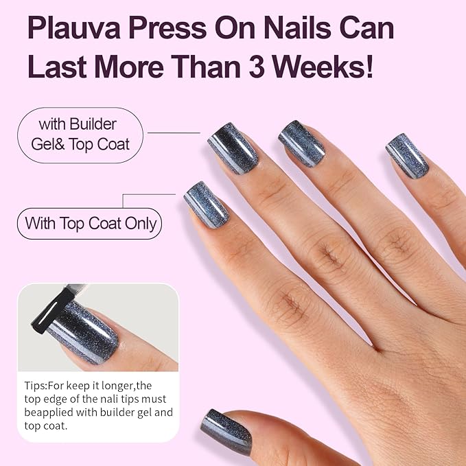 Cat Eye Press on Nails, 300Pcs XS Short Square Cat Eye Nail Tips, Glossy Glitter Soft Gel Fake Nails for Women and Girls Stick On Nails in 15 Sizes