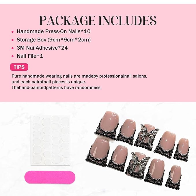 10Pcs Handmade Press on Nails Medium Fake Nails Duck French Tip Nails Press Ons Sparkly Artificial Acrylic Black Rhinestone and Butterfly Design Reusable Stick on Nail for Women (Size M)
