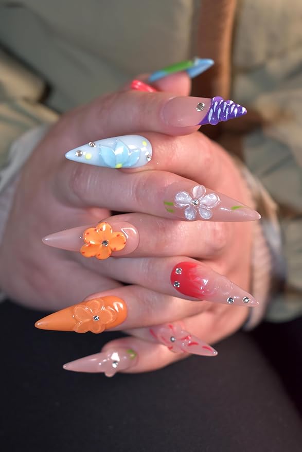 Handmade Press On Nails Long Stiletto Fake Nails Glue Stick On Nails with Flowers Bling Rhinestones