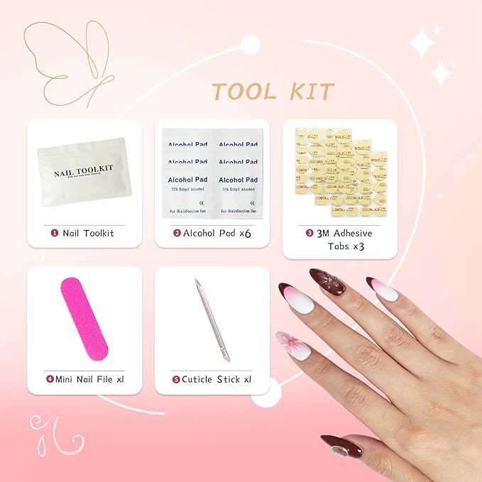 Handmade Press-on Nails Acrylic Almond Shape with 3D Jelly Flowers, Red French Tip & White-Pink Ombre – Short Soft Gel Nails Kit, Reusable Stick-on Nails, Ideal Gift for Women (Size S)