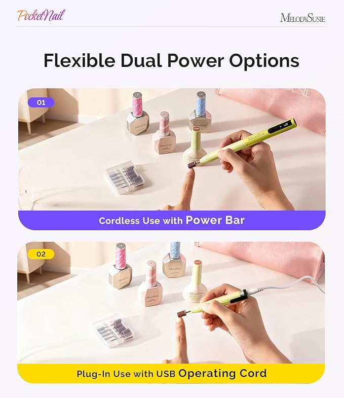 MelodySusie PocketNail Pen-Shaped Cordless Modular Nail Drill, Extended Kit, PC100GR 20000RPM Slim Portable Rechargeable Electric File for Nail Care & Gel Removal at Home for Beginners, Lemon Grass