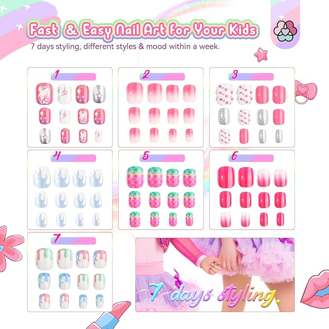 SAVILAND 168Pcs 7 Pack Press on Nails for Kids Children Fake Nails Stick on Nails Pre-glue Full Cover Glitter Gradient Color Star Short Acrylic Nail Tips Nail Art Christmas Easter Gifts for 8-12 Year