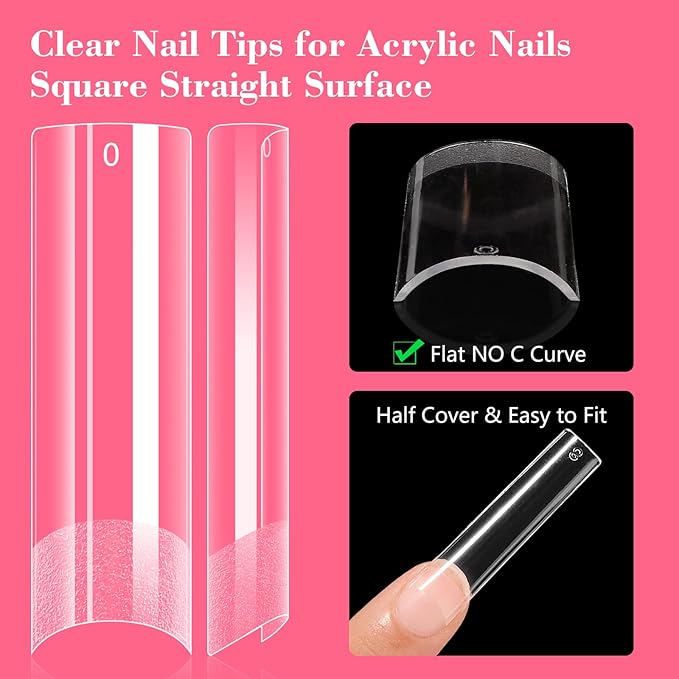 Lionvison Square Nail Tips NO C Curve, XL Clear Nail Tip for Acrylic Nails Professional, Long Nail Tips Straight Flat Pre Shaped Half Cover False Nails French Tips for Nail Salon Home DIY, 12 Sizes