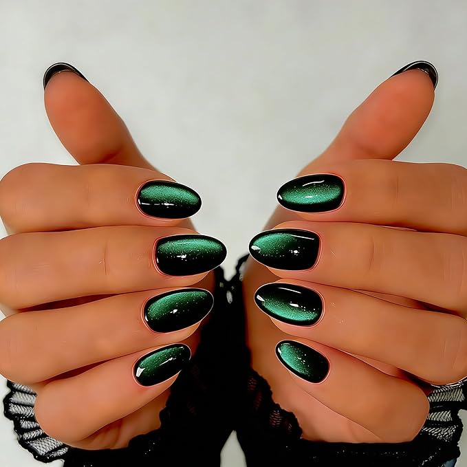 Cat Eye Press on Nails Short, Chrome Press on Nails Oval, Thick Glazed Black Emerald Green Fake Nails Press ons for Women Party Prom, Reusable Glitter Glue On Nails Almond in 15 Sizes, 30 Pcs