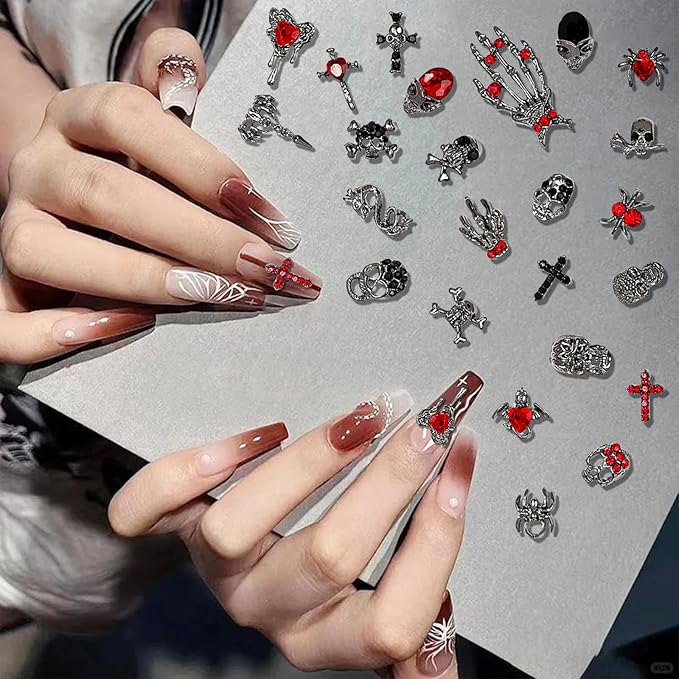 Halloween Nail Charms,48pcs Ghost Head Spider Skull Hand Cross Nail Gems with Rhinestones,Retro Skeleton Spider Gold Silver Alloy Nail Art Jewelry Decoration for DIY Halloween Nail Design Crafts