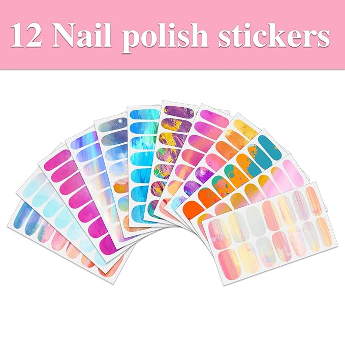 WOKOTO 12 Sheets Macarons Colors Gradient Nail Polish Strips, Marble Nail Stickers Full Wraps for Women Nail Art Wraps Colorful Graffiti Sticker Nails for Women Gel Nail Strips Kit