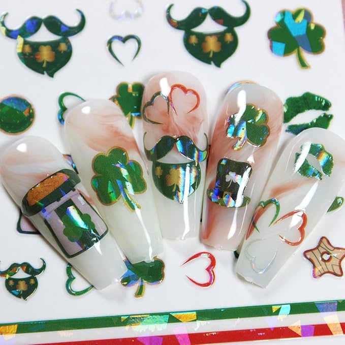 6 Sheets St. Patrick's Day Nail Art Stickers for Nail 3D Self Adhesive Laser Shamrock Nails Stickers Rainbow Golden Jar Gnome Design Irish Nail Decals Nails Art Supply for St. Patricks Day Manicure
