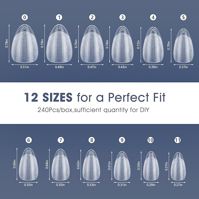 Extra Short Almond Nail Tips:240PCS Soft False Nail Gel Tips Full Cover Acrylic Clear Fake Press On Nails for Extensions Women Manicure DIY 12 Sizes