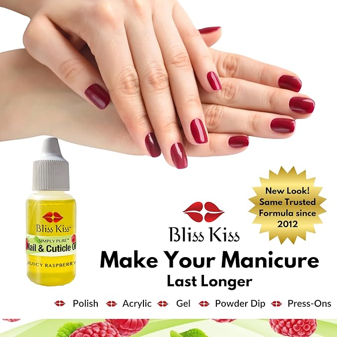 Bliss Kiss | Juicy Raspberry Fragrance | Nail Oil Cuticle Dropper w/Vitamin E & Jojoba⏤Nail Strengthener Nail Growth Serum for Brittle Peeling Breaking Thin Nails | 0.5oz | (Juicy Raspberry)