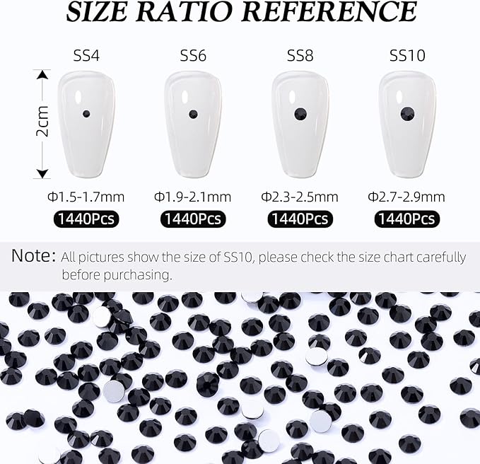 Black Flatback Rhinestones, Glass Rhinestones for Nail Art and Craft, Glue Fix, Loose Crystal Gemstones(Black, SS8, 1440pcs, 2.3-2.5mm)