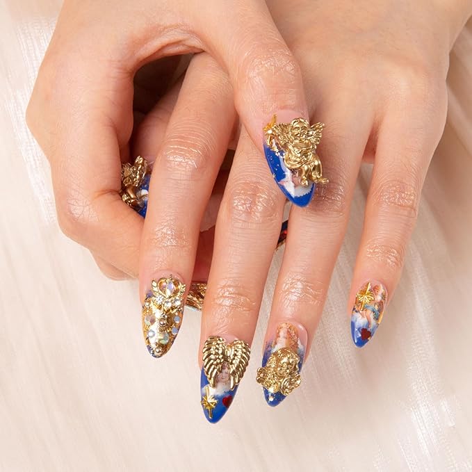 LOVFUL Press on Nails The Palace of Murals Blue French Tip | Handmade with Full Covered Crystals | Reusable Fake Nails | Almond Regular 1.0 in | H174-M