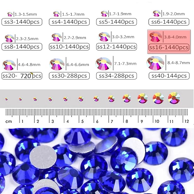 Dowarm 1440 Pieces SS16 Flatback Crystals, 4MM Flatback Nail Crystals for Craft Nails Dance Costumes, Non Hotfix Rhinestones (SS16 / 4MM, Blue/Sapphire)