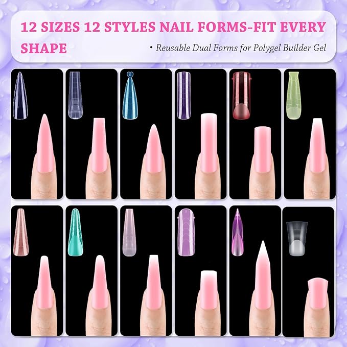 288pcs Long Mixed Dual Nail Forms Clear Multicolor Full Cover Nail Art Mold with Scale for Polygel Extension Beginners DIY Manicure 12 Styles Long Duck Stiletto Square Almond Mixed Nail Forms