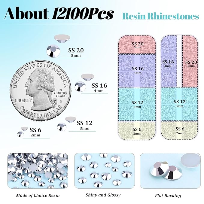 12100Pcs Resin Rhinestones for Crafting with 3Pcs 10ml B7000 Jewelry Glue, 2 Boxes Flatback Crystals Diomand (Silver) for Bedazzling Crafts DIY Nail Art Makeup，Non Hotfix Gems for Clothing Shoes