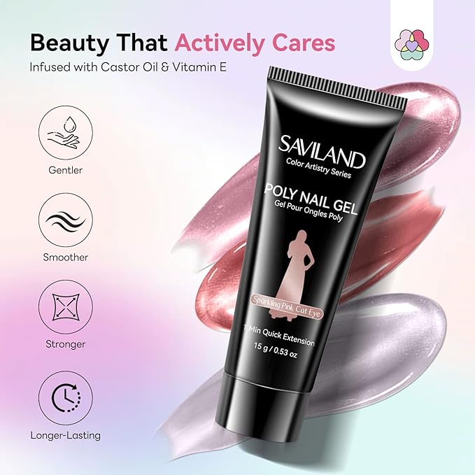 SAVILAND All-in-1 Poly Extension Gel Nail Kit: 15 Colors Poly Gel Nail Kit for 28 Days Long-Lasting, Pink Peach Cat Eye with Slip Solution U V Light for Quick Nail Extensions Home Salon Daily Art DIY