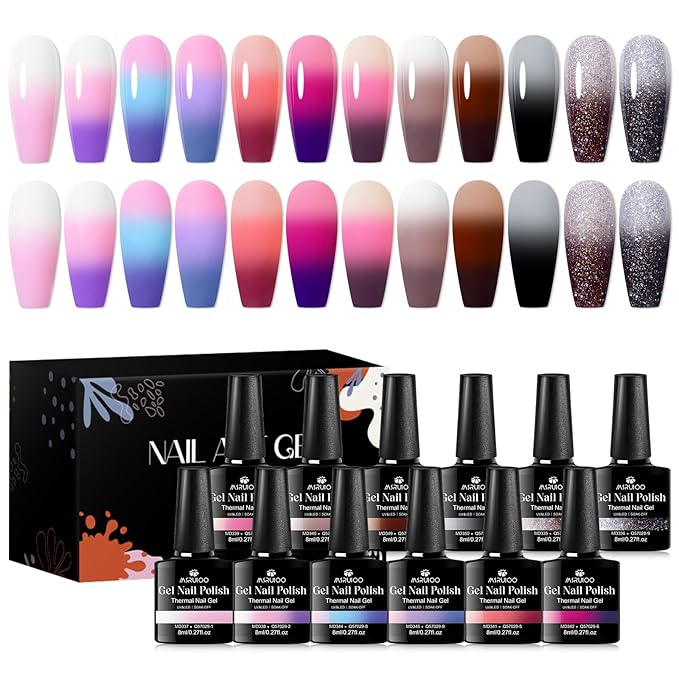 12Pcs Color Changing Gel Nail Polish Set Pink Purple Glitter Brown Mood Temperature Change Nail Polish Gel Set Soak Off Nail Art Gel DIY Salon Manicure Gift