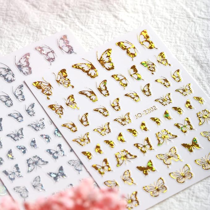 12 Colors Butterfly Nail Art Stickers, 3D Butterfly Self-Adhesive Sticker Design, Laser Gold Silver Red Black White Pink Yellow Green Butterflies Nail Transfer Decals for Women Manicure Decorations
