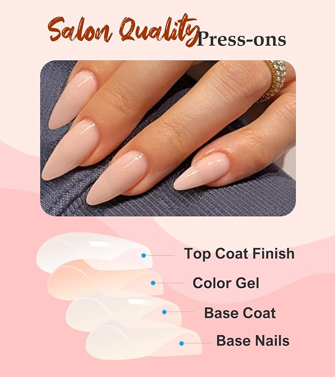 Morily Press on Nails Medium - Nude Almond Fake Nails Solid Color Pink Glossy False Fingernails in 15 Sizes, Long Stick on Nails for Women - 30Pcs