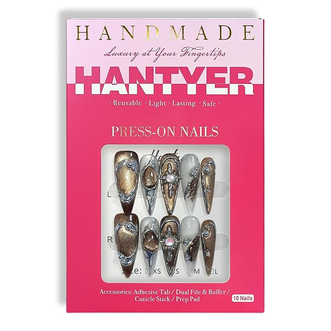 Grey & White Press on Nails with 3D Cat Eye, Hand-Painted Metallic Lines & Rhinestones, Long Stiletto Glossy Iced Metal Fusion Fake Nails, Reusable Edgy Luxury False Nails for Women (Size L)