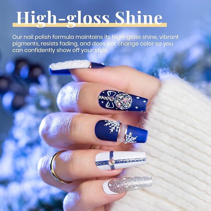 Beetles Easter Gel Nail Polish Set 5 Winter Colors Dark Blue Glitter White Light Blue Silver Gel Polish with Sealing Gel Sugar Dust Powder Nail Sticker UV LED Needed Gifts for Women Sparkling Snow