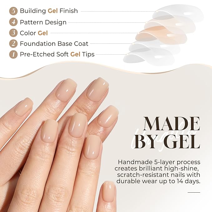 UNA GELLA Short Square Press On Nails: Nude Soft Gel Press Ons Short with Nail Glue, 16 Sizes - 32 Reusable Fake Nails Kit, Skin Tone Nude
