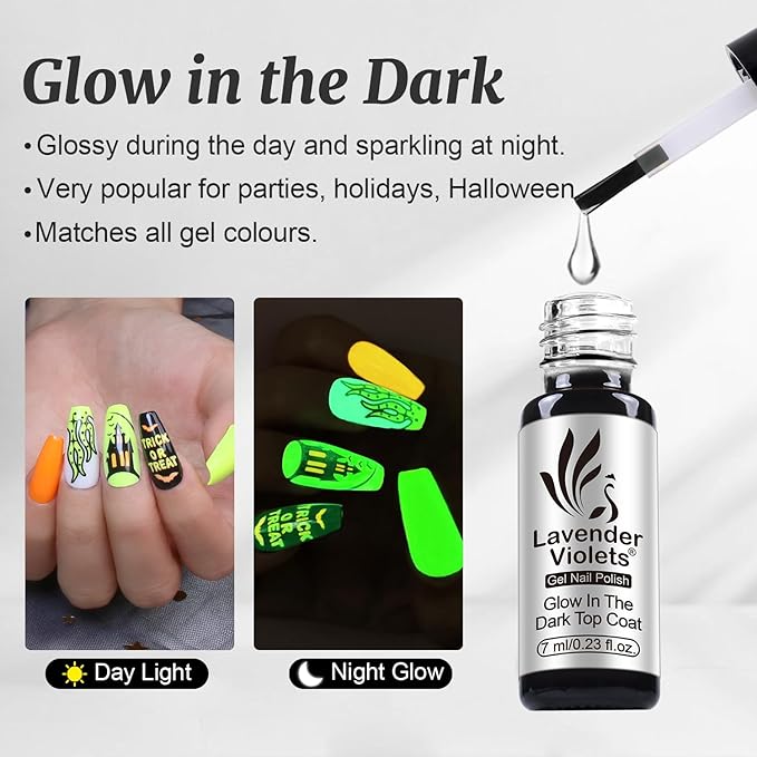 Lavender Violets 6pcs Gel Base and Top Coat Set - Blooming Gel, Glow in the Dark Top Coat, Glossy & Matte Coats, 5 in 1 Builder Base, Non-Acid PH Bond Clear Nail Polish Kit for Manicure C201
