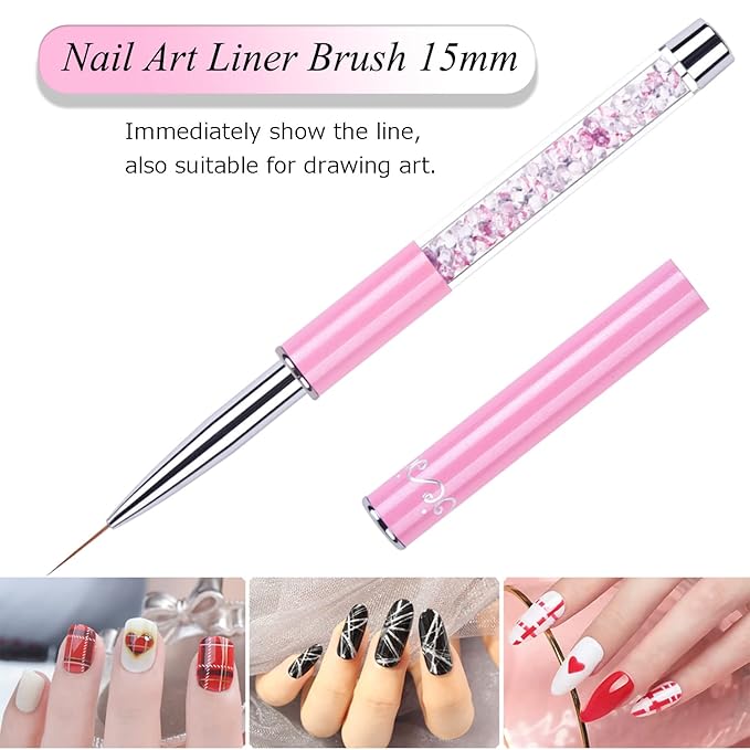 3-Piece Nail Art Brush Set - Rhinestone-Handled Gel Polish & Liner Brushes, 7&15 mm, for Salon & Home DIY Manicure (Pink)