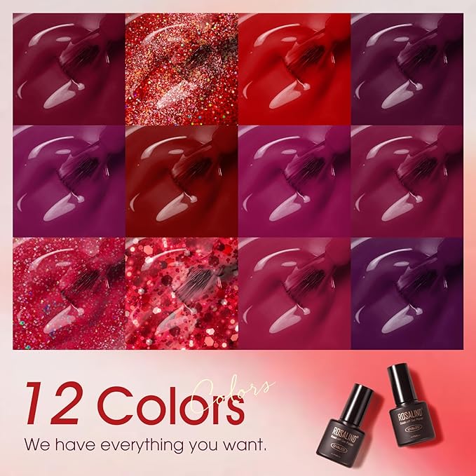 ROSALIND Red Gel Polish, 12 Colors Burgundy Glitter Red Nail Polish for Nail Art, Bloody Mary Collection Cherry Wine Colors Winter U V Gel Nail Polish Gift