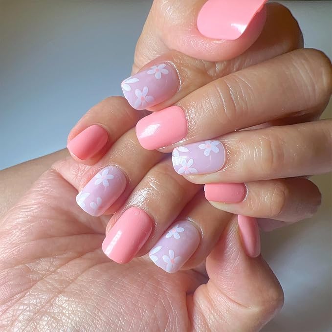 Pink Press on Nails Short Square Fake Nails Pink Full Cover Artificial False Nails with Floral Designs Acrylic Nails Reusable Glue on Nails Removable Stick on Nails for Women 24 Pcs