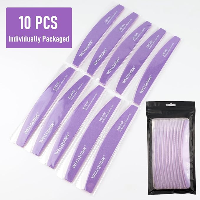 Professional Nail Files, 100/180 Grit Double Sided Ceramic Board for Nails, 10 Pcs Washable Coarse Fingernail File for Acrylic and Extension Gel Removal Manicure Kit Salon Home Use, Violet