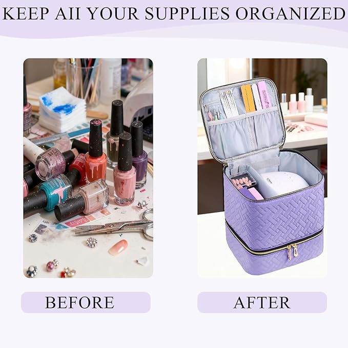 Nail Polish Organizer, Nail Polish Storage Holds 30 Bottles & Nail Lamp, Double Layer Nail Bag Organizer Case, Portable Nail Polish Holder for Nail Tech Travel & Manicure Kit