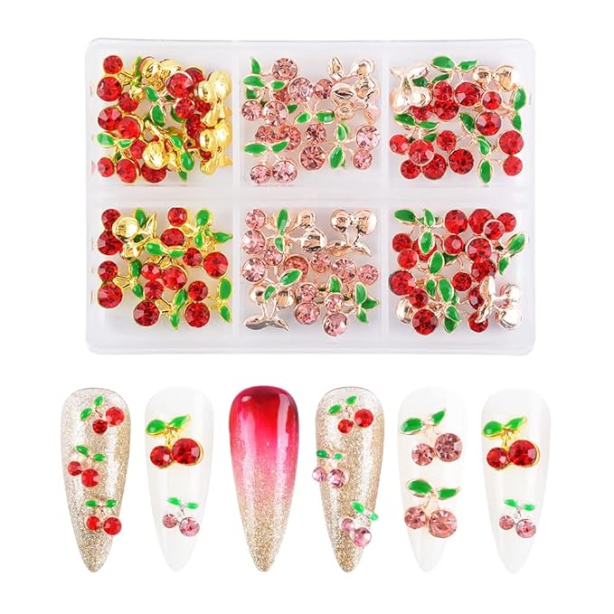 60Pcs Cherry Nail Charms 3D Cherry Nail Rhinestones Glitter Nail Gems Metal Gold Rose Gold Kawaii Fruit Nail Charms for Girl DIY Nail Art Craft Accessories