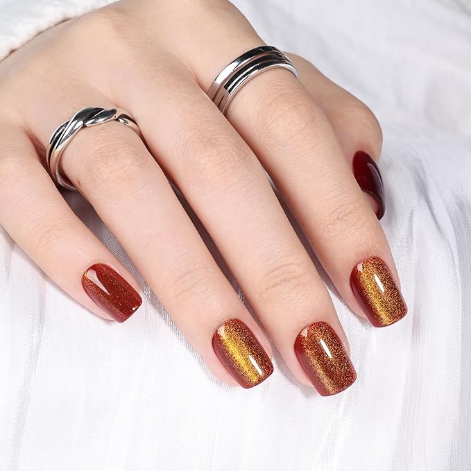 Brown Cat Eye Press On Nails - Short Square Press on Nails Press Ons for Women, Reusable Glossy Fake Nails Kit with Glue DIY Nails Short in 15 Sizes - 30pcs, Amber Mocha
