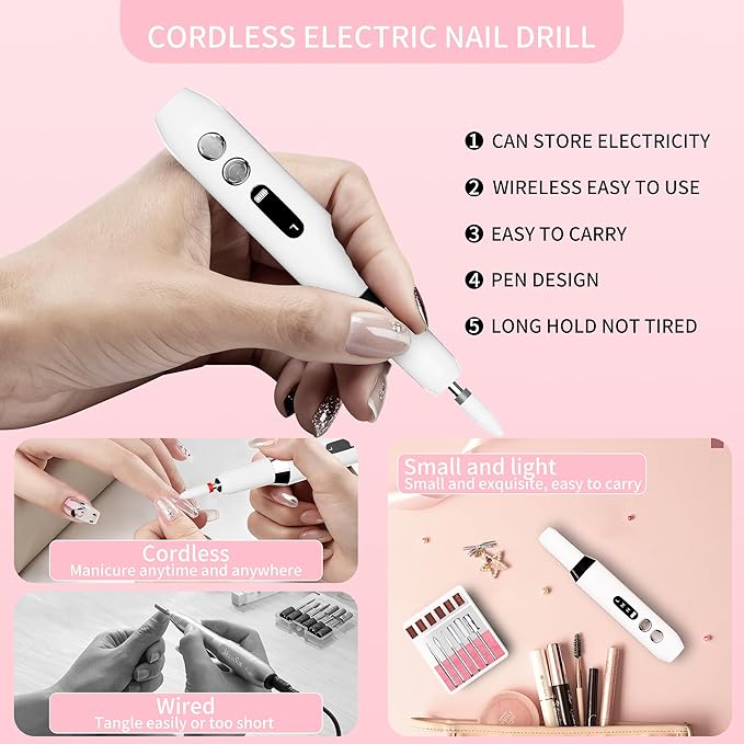 Nail Drill Kit,Nail File Cordless Nail Drill Machine for Gel Powder Nails,Professional Portable Manicure Pedicure Rechargeable Lightweight for Home Salon Use