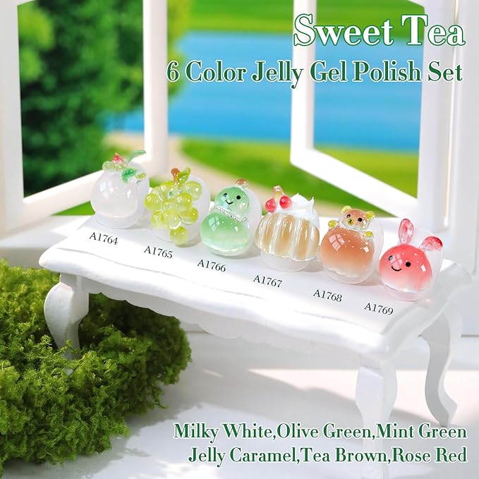 Double Rhythm 6 Pcs 15 ML Gel Polish Set Same Color Same Bottle Soak Off Gel Polish Kit Nail Art Manicure Salon DIY at Home (Jelly White Mint Green Olive Tea Brown Rose Red-T6-83)