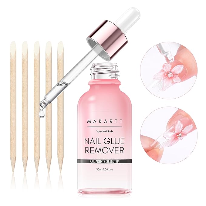 Makartt Hema-Free Press on Nail Glue Remover: Updated Formula with Vitamin E | Glue Debonder with 5 Wooden Sticks,1 Dropper Applicator for Quicker Application, Non-Acetone Glues 30 ml