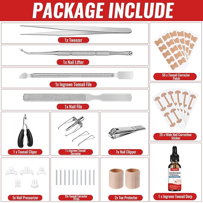 Ingrown Toenail Removal Kit, Ingrown Toenail Tool Kit with Ingrown Toenail Corrector, Ingrown Toenail Drops, Corrector Patch, Toenail Clipper, Nail File Lifter Tools