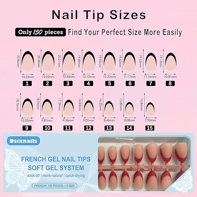 Almond Red French Tip Press on Nails, 150pcs Soft Short French Gel Nail Tips in 15Sizes, Pre-lasting Soak Off Acrylic Fake Nails, No Need to File False Nail Tips Extension for Women Nails